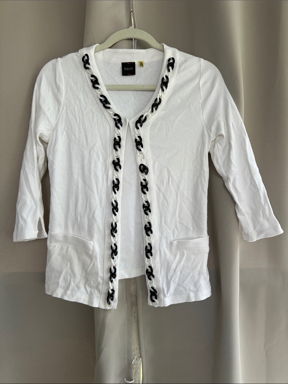 Rafaella White Cardigan with Black Chain-Trim